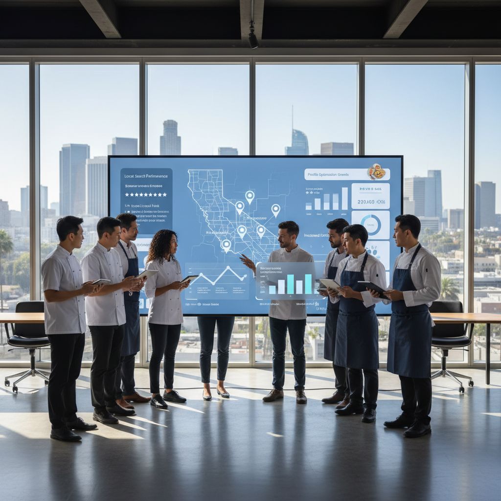 Diverse team of SEO and catering professionals collaborating in modern Los Angeles office with city skyline view, discussing local SEO strategies.
