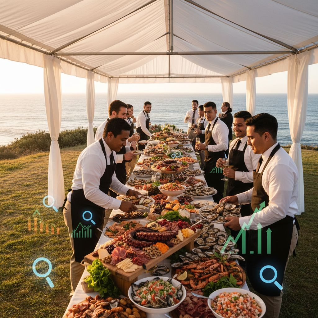 Vibrant outdoor catering event on Ventura coastline with team preparing gourmet foods and subtle digital visibility icons.