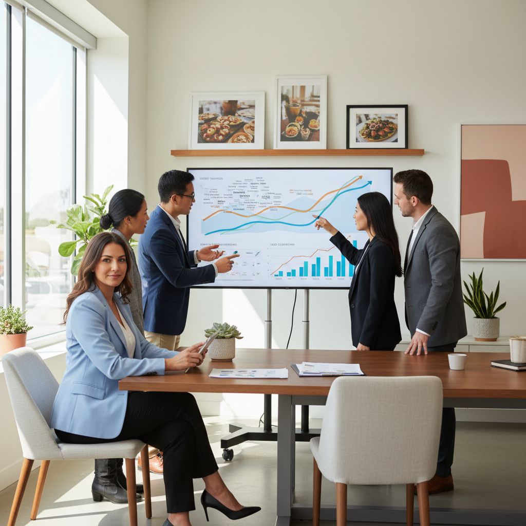 Diverse SEO team collaborating on catering business analytics dashboard in modern Westlake Village office