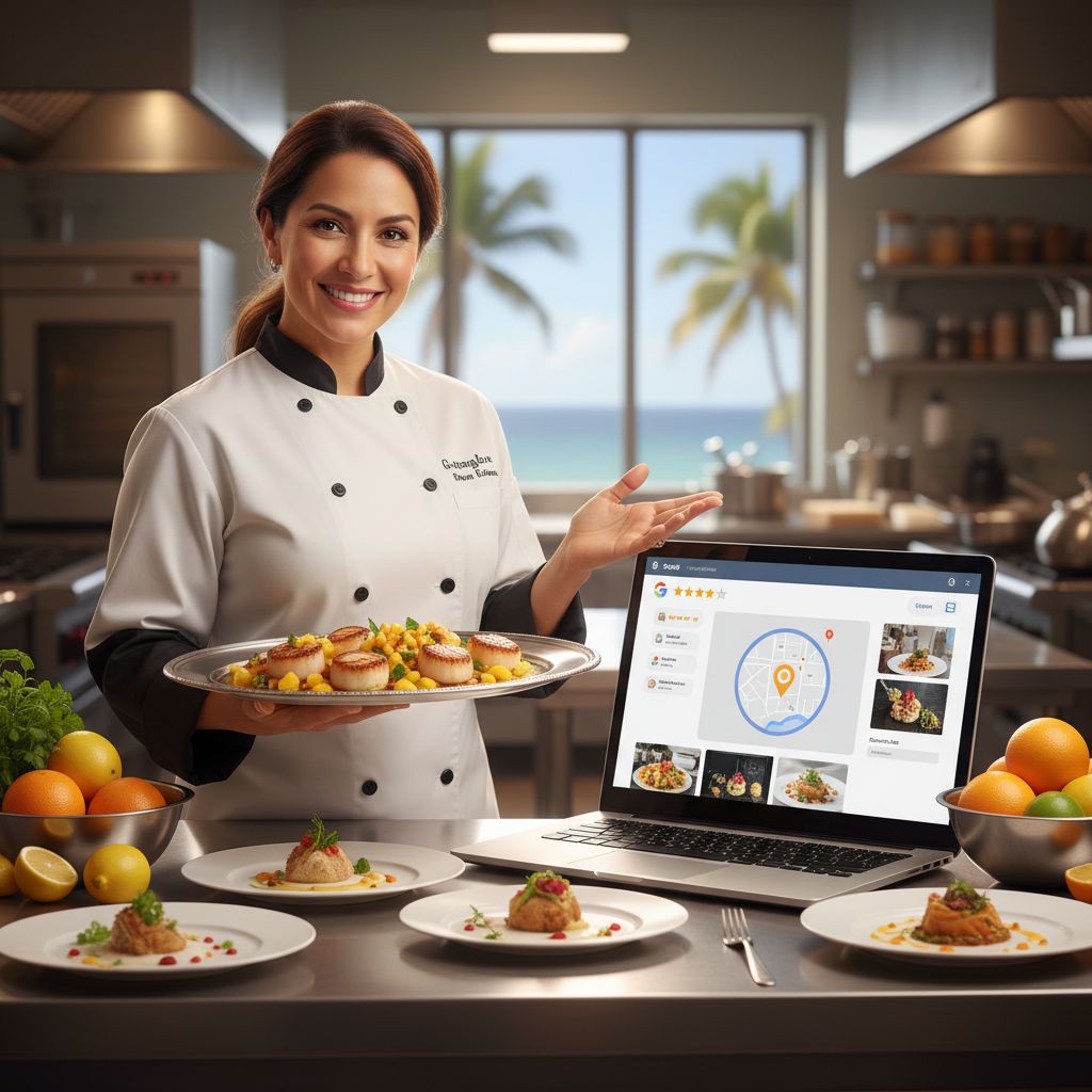 Professional photo of catering business owner in modern kitchen interacting with Google My Business profile on laptop, Orange City Florida.