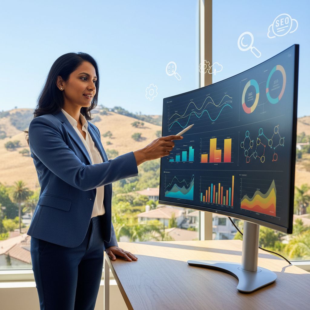 Diverse business professional in modern Agoura Hills office analyzing SEO charts for catering business on computer screen, pointing at trends.