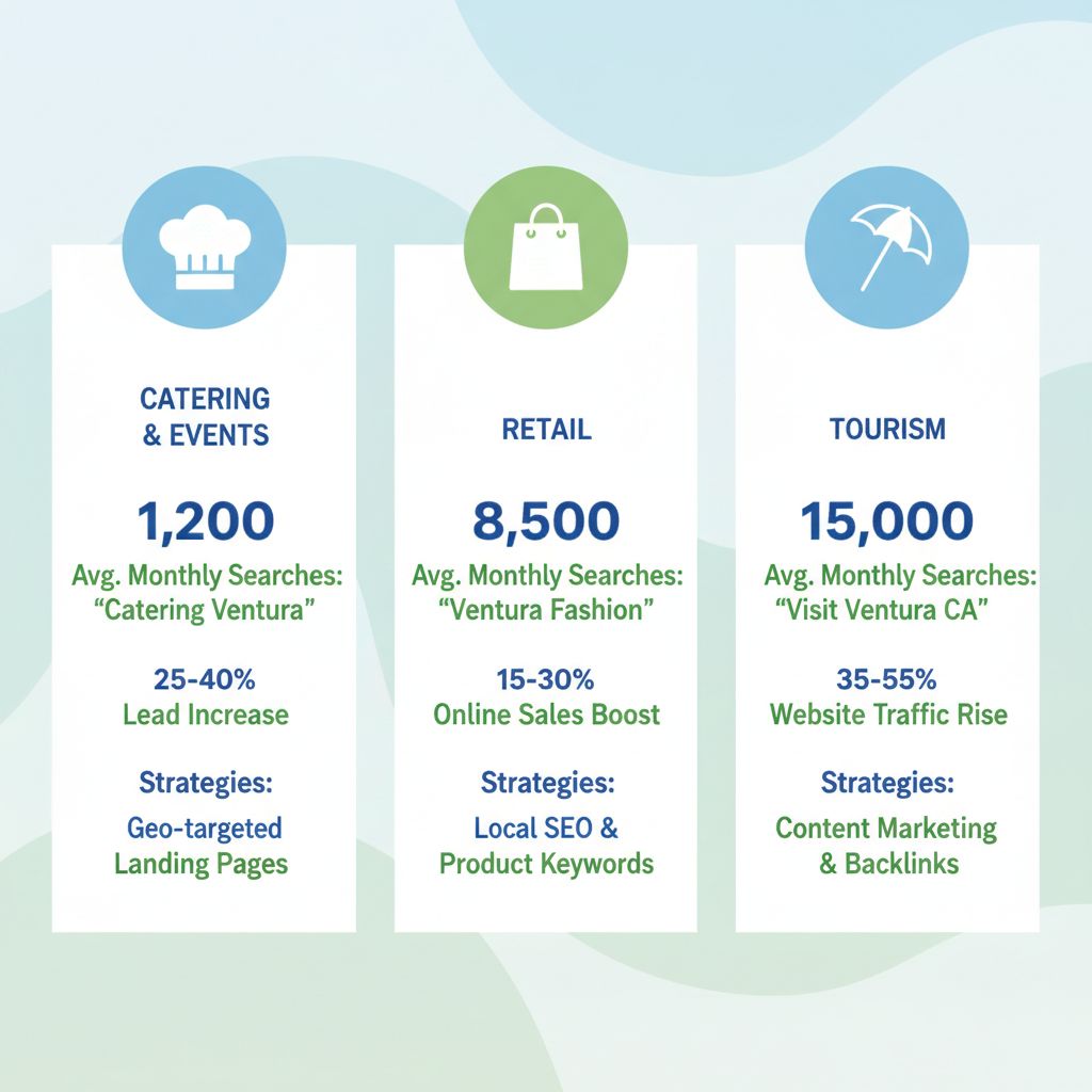 Infographic comparing SEO opportunities in Ventura's catering, retail, and tourism sectors with icons and data metrics