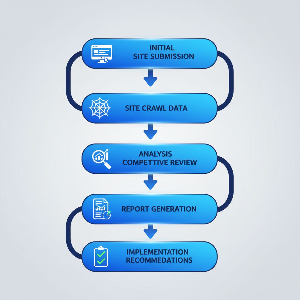 Vertical process flow diagram illustrating the five key steps of an SEO audit for catering businesses, from site submission to implementation recommendations.