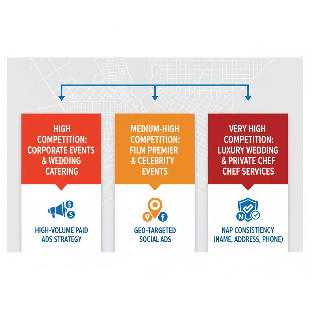 Infographic comparing SEO competition levels and strategies for catering services in Downtown LA, Hollywood, and Beverly Hills neighborhoods.