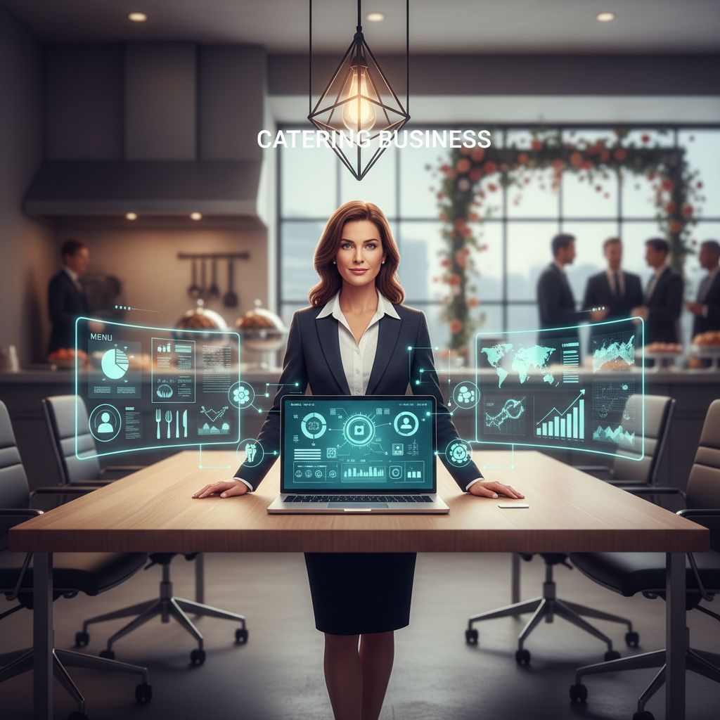 Illustration depicting a catering entrepreneur analyzing digital strategy in a modern kitchen with event planning elements