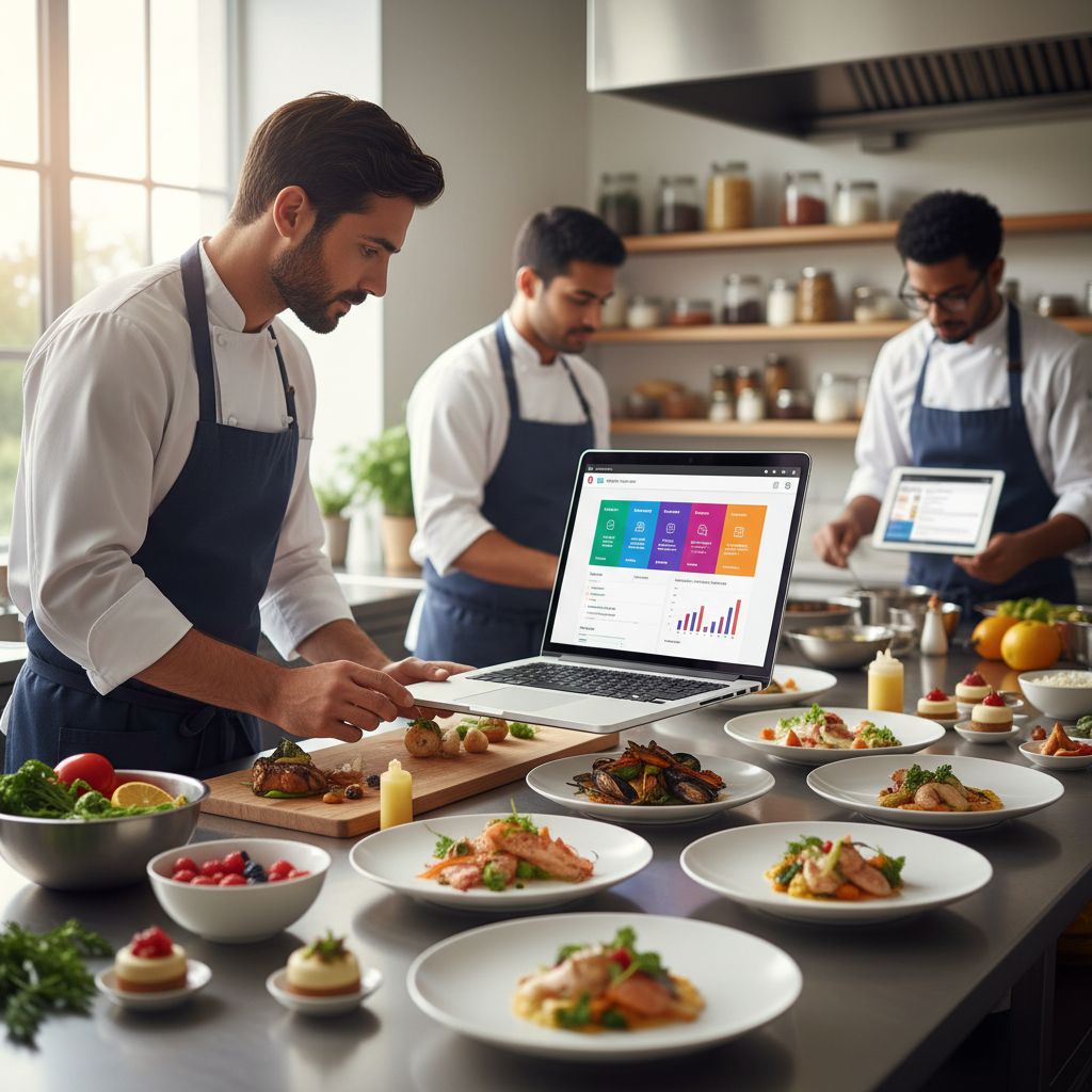 Dynamic catering team in modern kitchen preparing dishes while viewing SEO-optimized WordPress dashboard on laptop