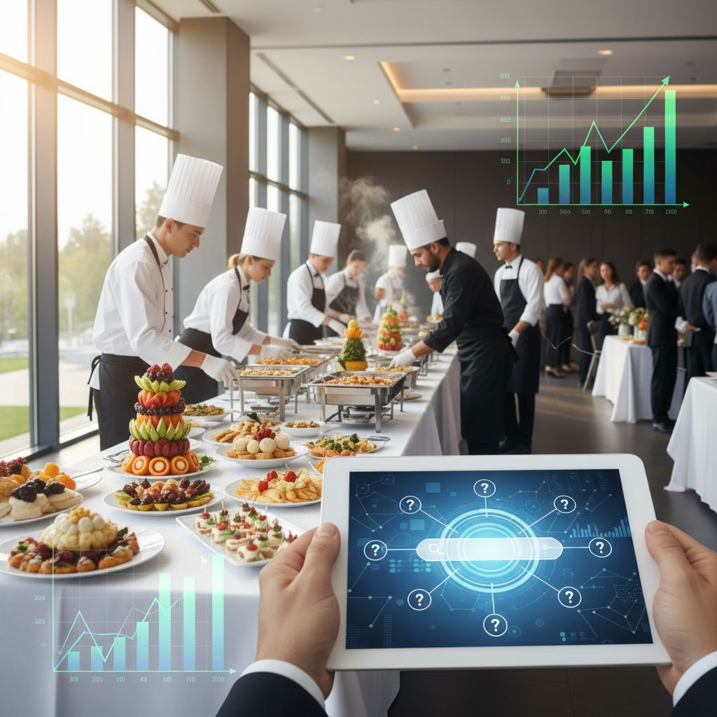 Professional photograph of a catering event setup in a banquet hall with chefs arranging food displays and a tablet showing abstract search interface.