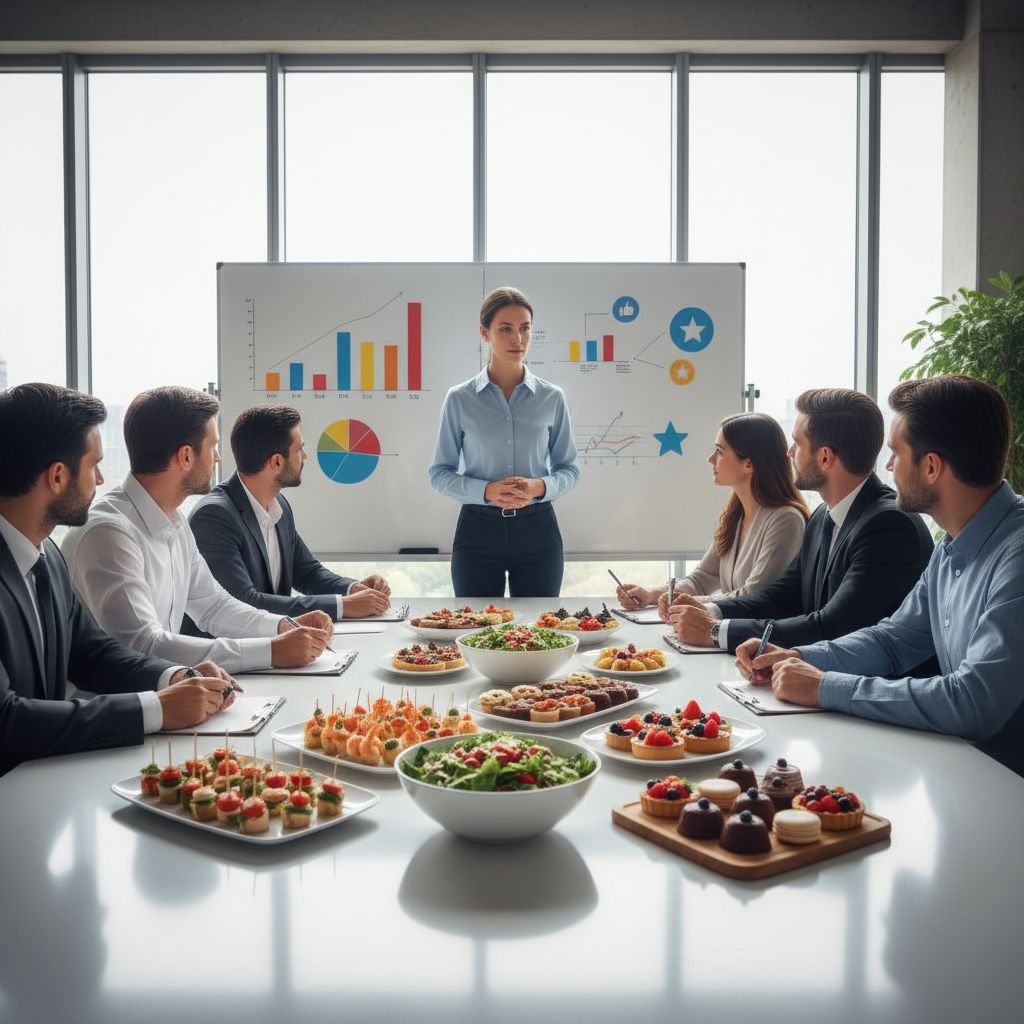 Diverse team of professionals in a conference room discussing market research for a catering business, with sample platters on the table and charts in the background.