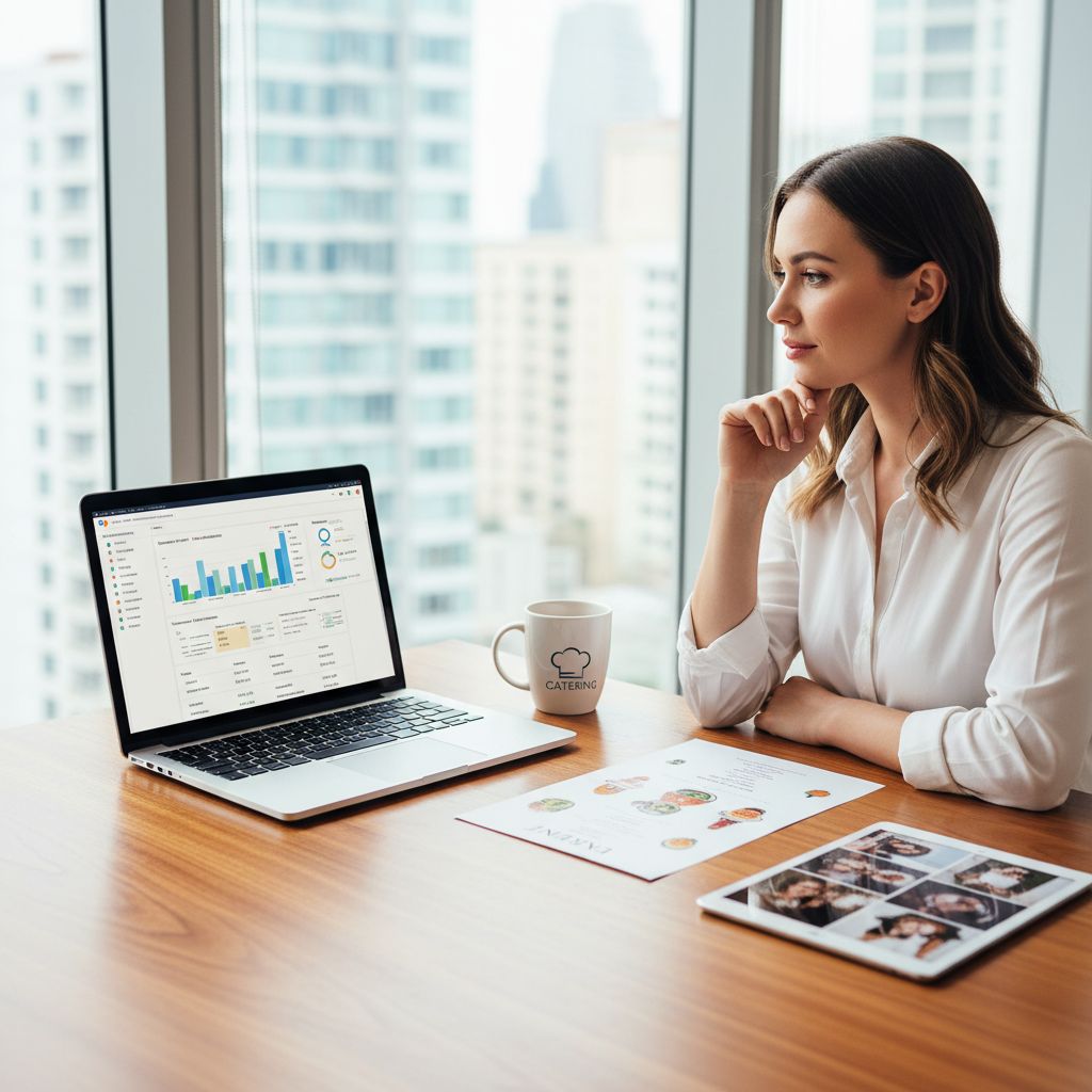 Confident catering business owner analyzing SEO metrics on laptop in modern office