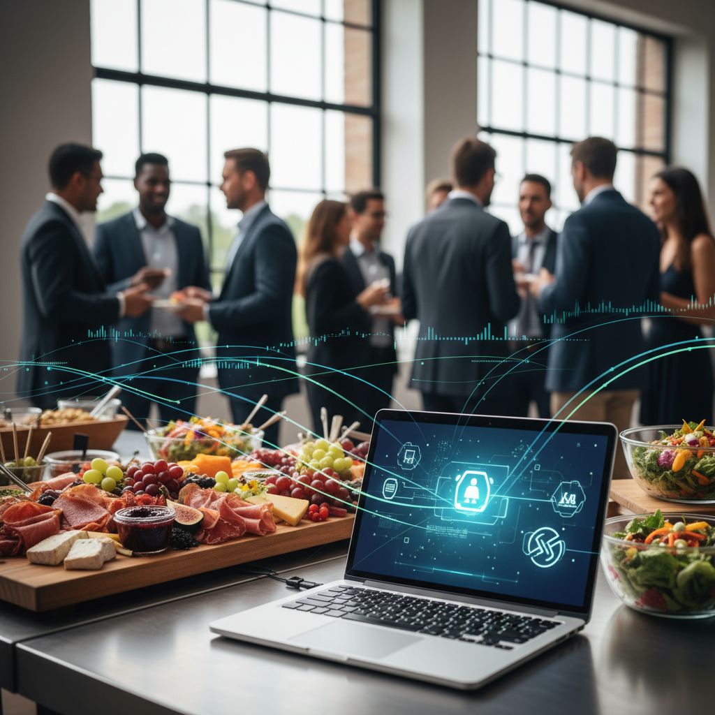 Dynamic catering event with professionals mingling at food stations and digital analytics overlay showing lead generation flow.