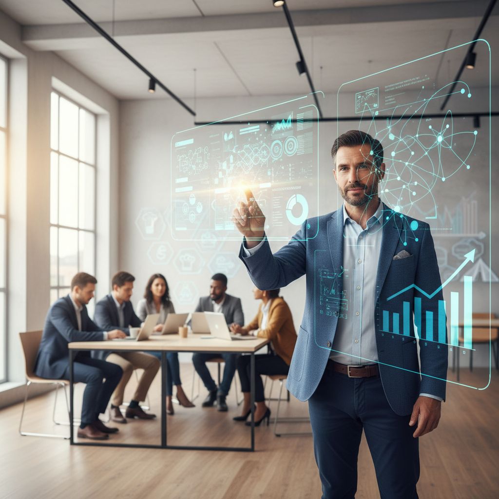 Confident AI consultant in modern office pointing to holographic AI integration with catering business dashboard, team collaborating in background
