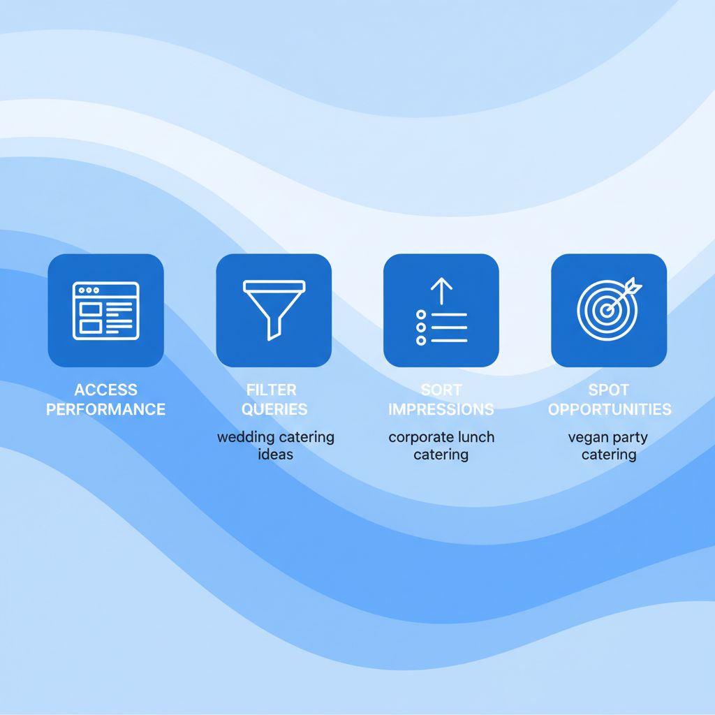 Modern infographic illustrating keyword research steps in Google Search Console for catering SEO with icons and examples
