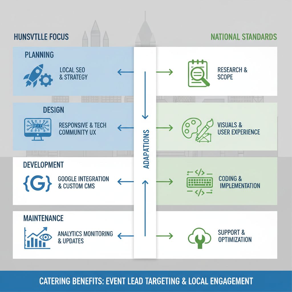 Infographic comparing Huntsville-specific web design phases to national standards, featuring icons for planning, design, development, and maintenance with local adaptations for catering leads.