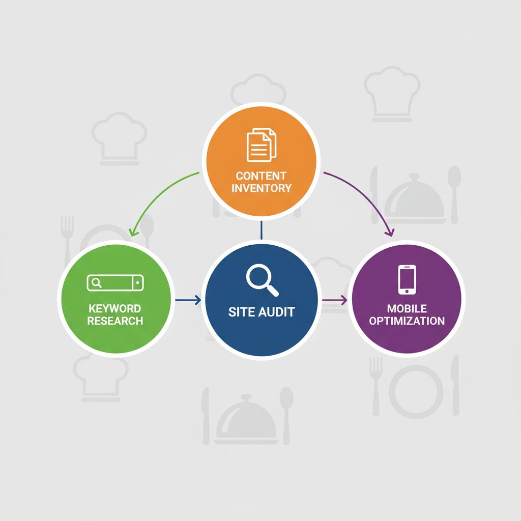 Infographic depicting four interconnected preparation steps for optimizing a catering website for People Also Ask: site audit, keyword research, content inventory, and mobile optimization with icons and arrows.