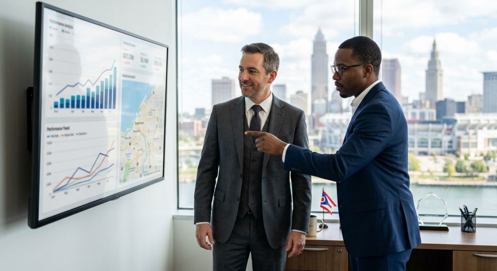 Confident Cleveland business owner and SEO consultant reviewing performance dashboard in modern office with city skyline view