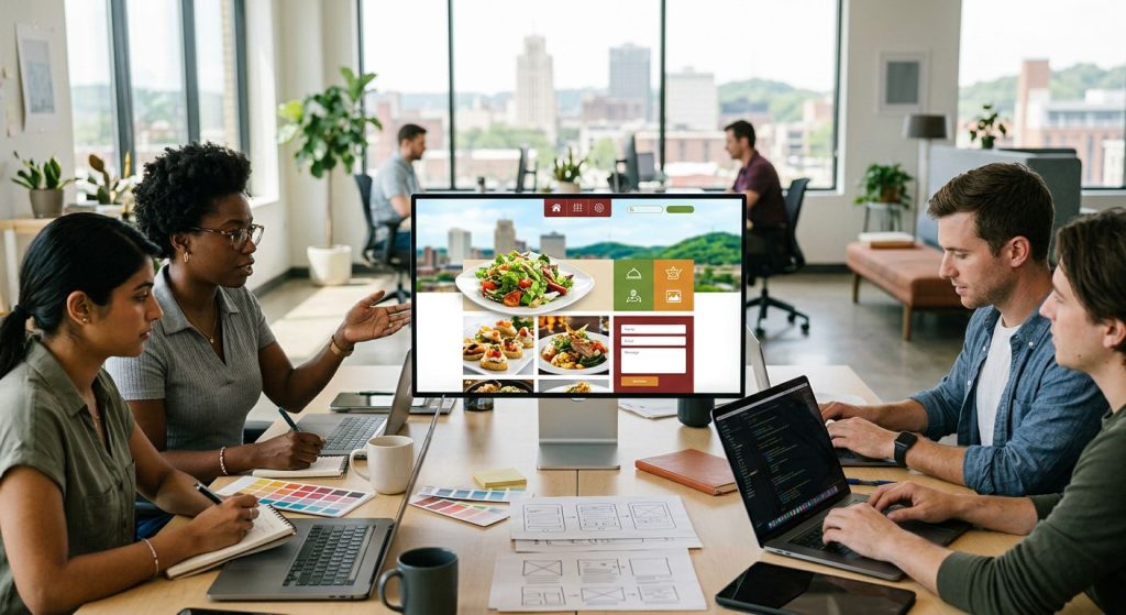 Professional photo of diverse designers in Akron web studio collaborating on catering website around large monitor, natural light, creative desk setup.