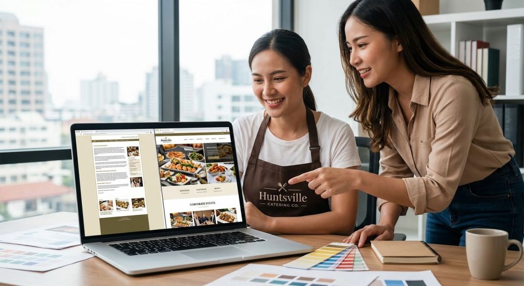 Smiling Huntsville caterer and web designer reviewing website redesign on laptop in modern kitchen office, showing before-and-after screens.