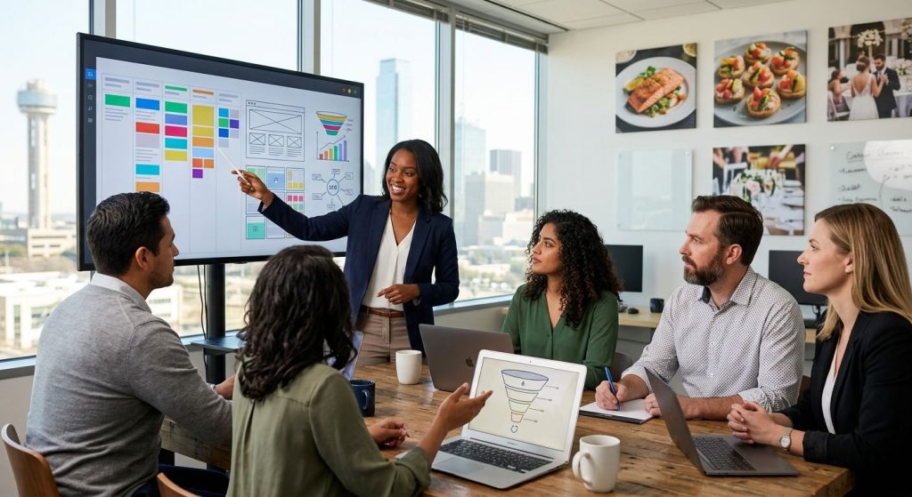 Diverse team of content marketers in modern Dallas-Fort Worth office collaborating on catering business digital strategy with content calendar and lead funnel on screens