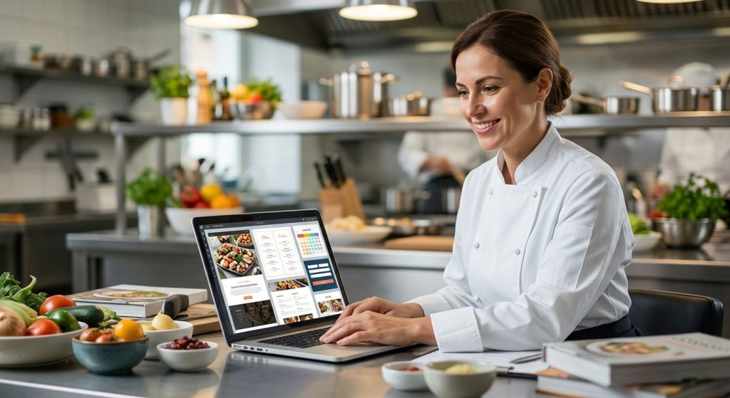 Confident caterer in modern kitchen using AI laptop for web design with catering website visuals, fresh ingredients nearby.