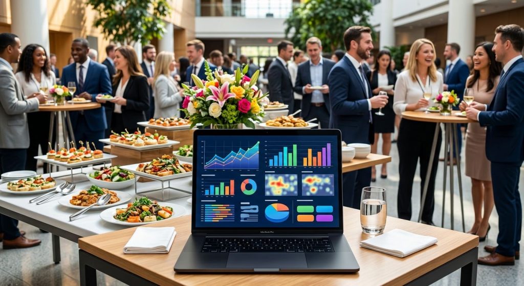 Vibrant professional image of catering event setup with laptop displaying conversion optimization graphs and analytics.