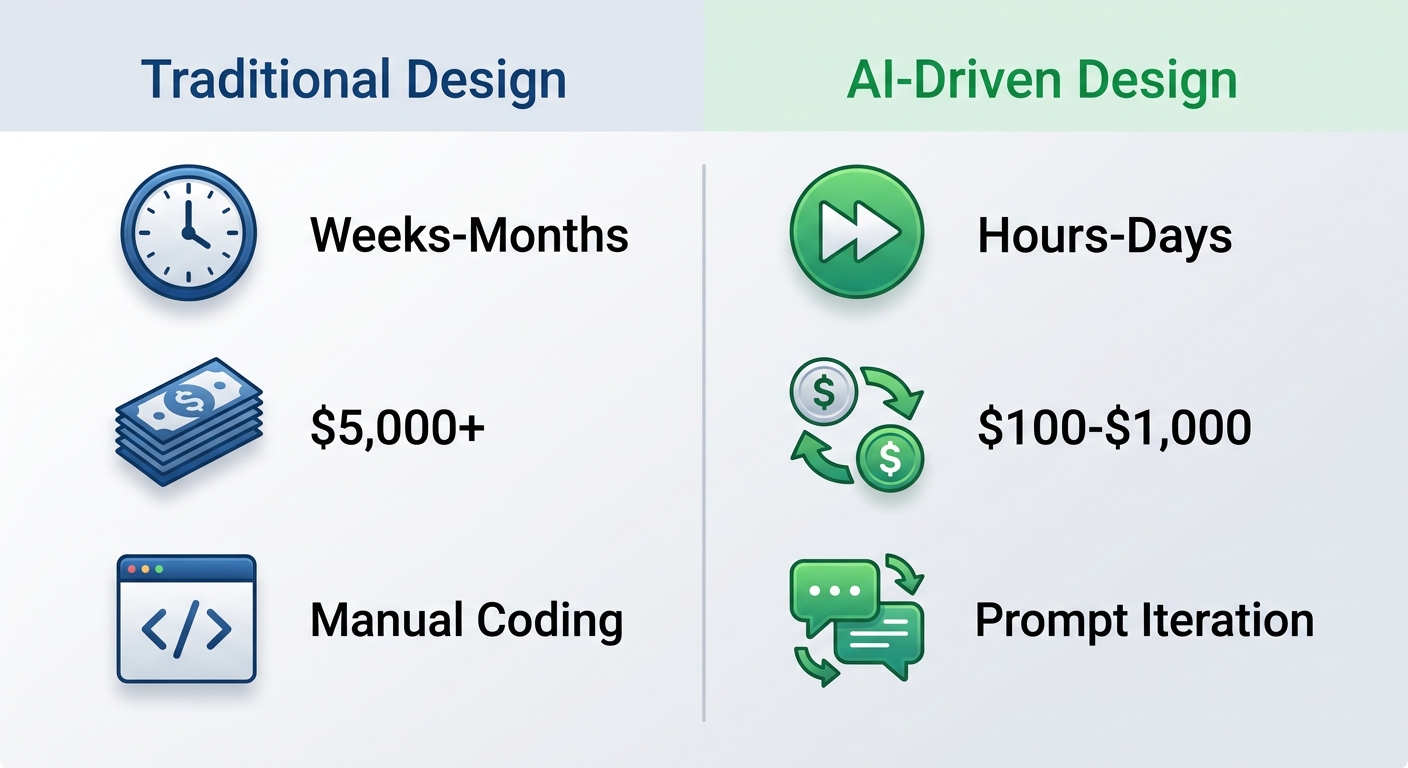 Infographic comparing traditional and AI-powered web design in time, cost, and customization with icons and metrics
