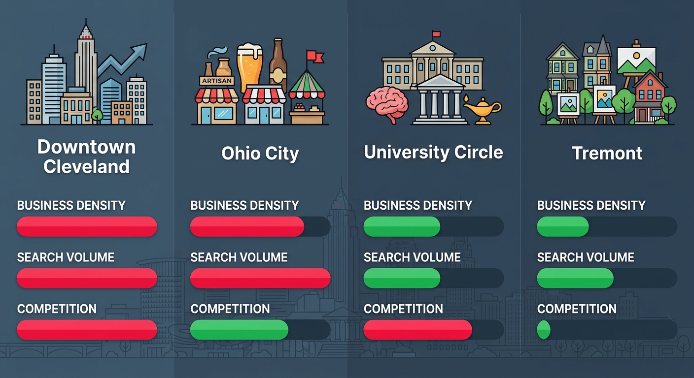 Infographic of SEO potential in Cleveland neighborhoods: Downtown, Ohio City, University Circle, Tremont showing business density, search volume, competition with color-coded bars