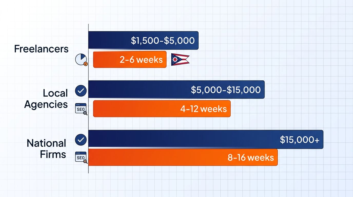 Horizontal bar chart comparing Akron web design providers by cost ranges, timelines, and SEO inclusion