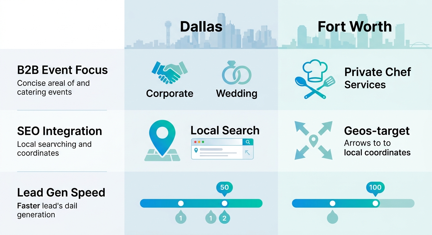 Infographic comparing content marketing strategies for catering in Dallas versus Fort Worth, with icons for B2B events, SEO integration, and lead generation speed.