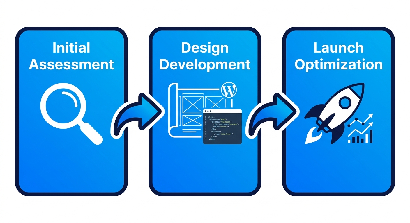 Horizontal process flow diagram of website redesign with SEO: initial assessment, design and development, launch and optimization stages for catering businesses.