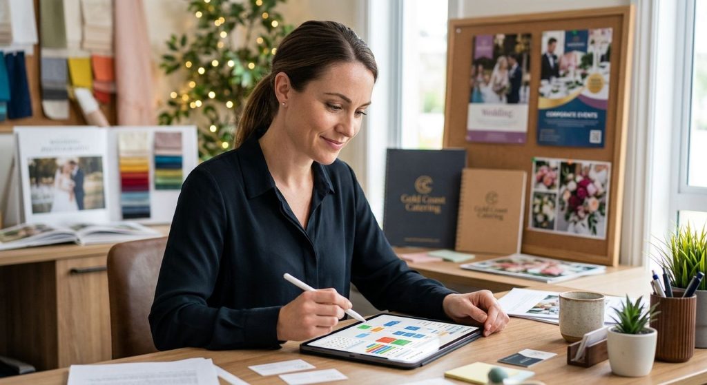 Professional caterer reviewing CRM automation on tablet with event materials in background
