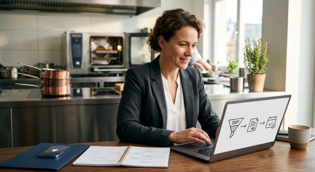 Catering business owner reviewing conversion funnel on laptop in sunlit kitchen with calendar and proposal folder