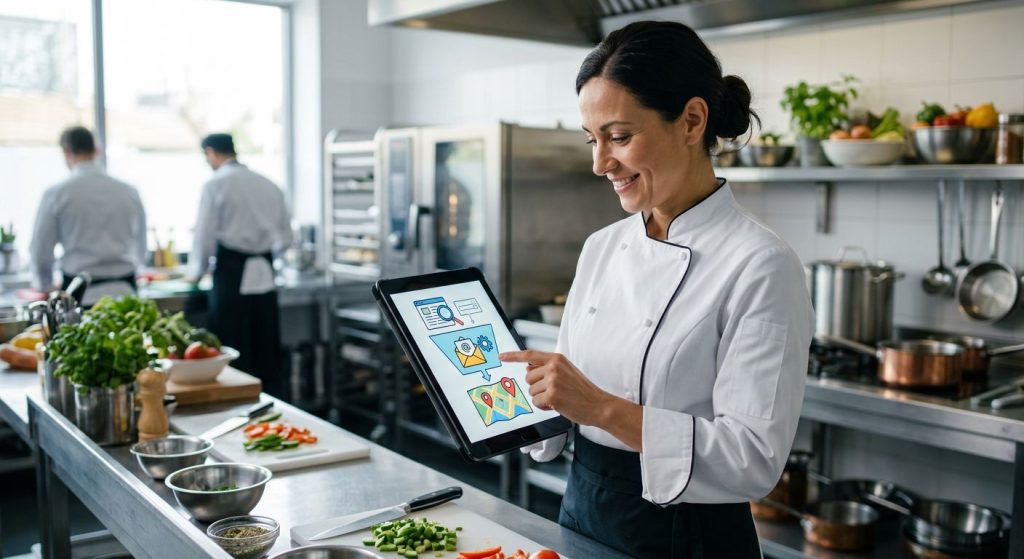 Chef in white uniform holding a tablet displaying a lead generation funnel interface in a modern catering kitchen with stainless steel countertops and natural lighting.