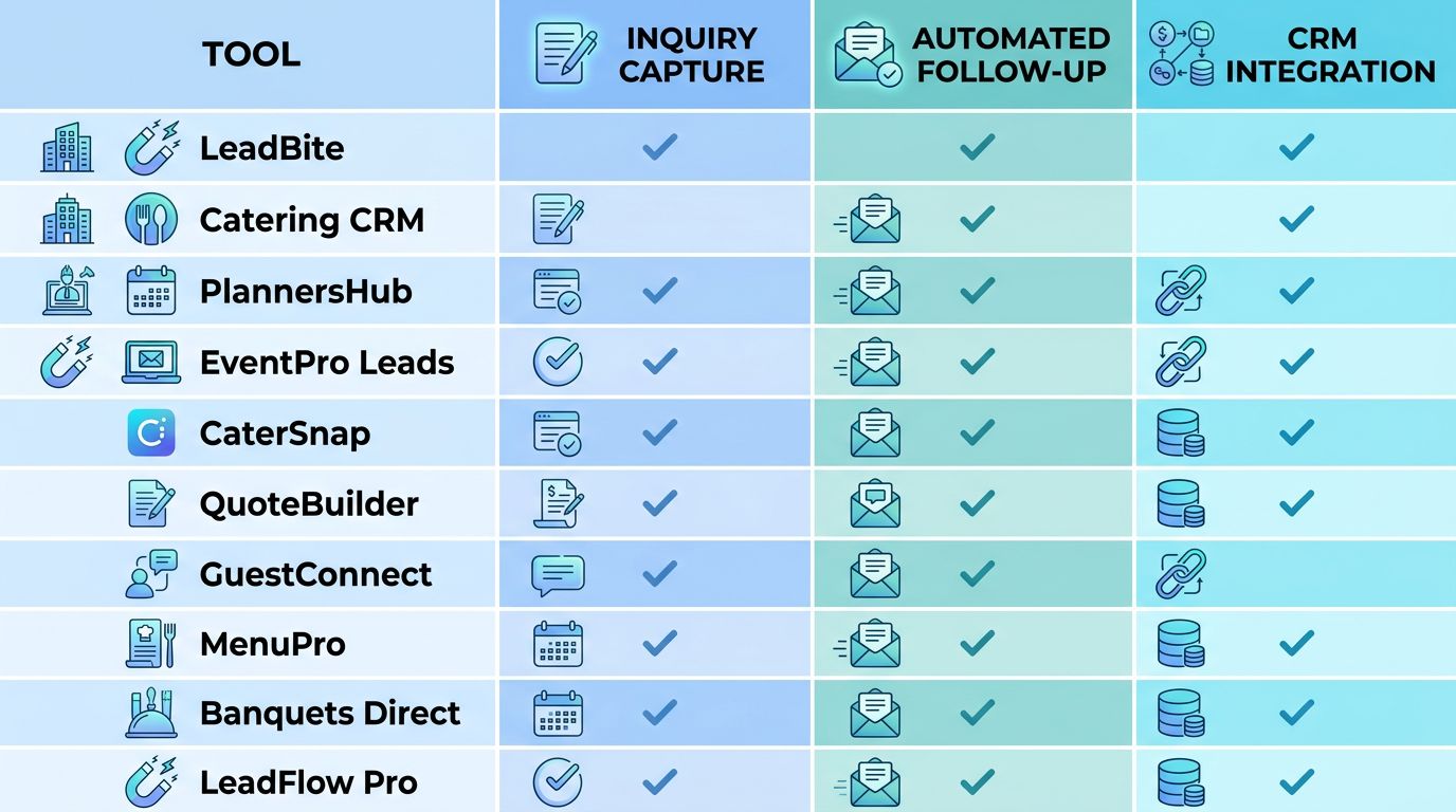 Side-by-side comparison infographic of ten catering lead generation tools with feature columns for Inquiry Capture, Automated Follow-Up, and CRM Integration