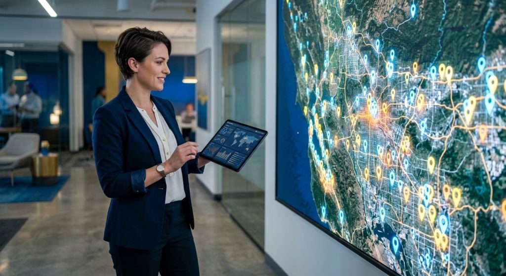 Business professional standing before a large interactive map display with bright pins at city markers, holding a tablet showing a portal dashboard with local search metrics.