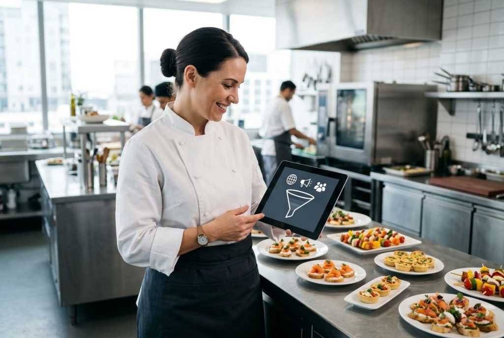 Professional caterer holding tablet with lead generation funnel in modern kitchen