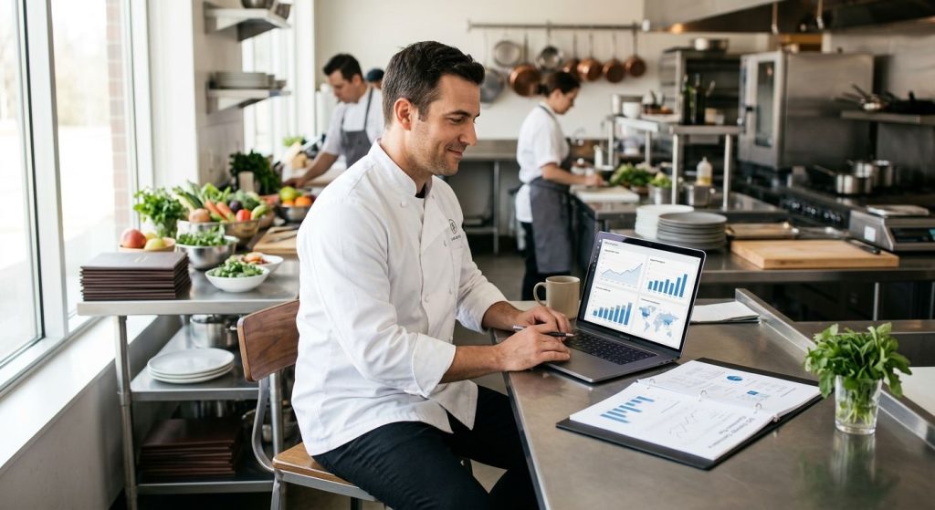 Confident caterer in white chef coat reviews SEO analytics dashboard on laptop in modern commercial kitchen