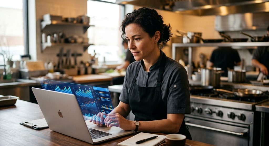 Professional photograph of a catering business owner analyzing a laptop screen displaying digital graphs and AI-generated search results. Warm lighting, blurred modern kitchen background.