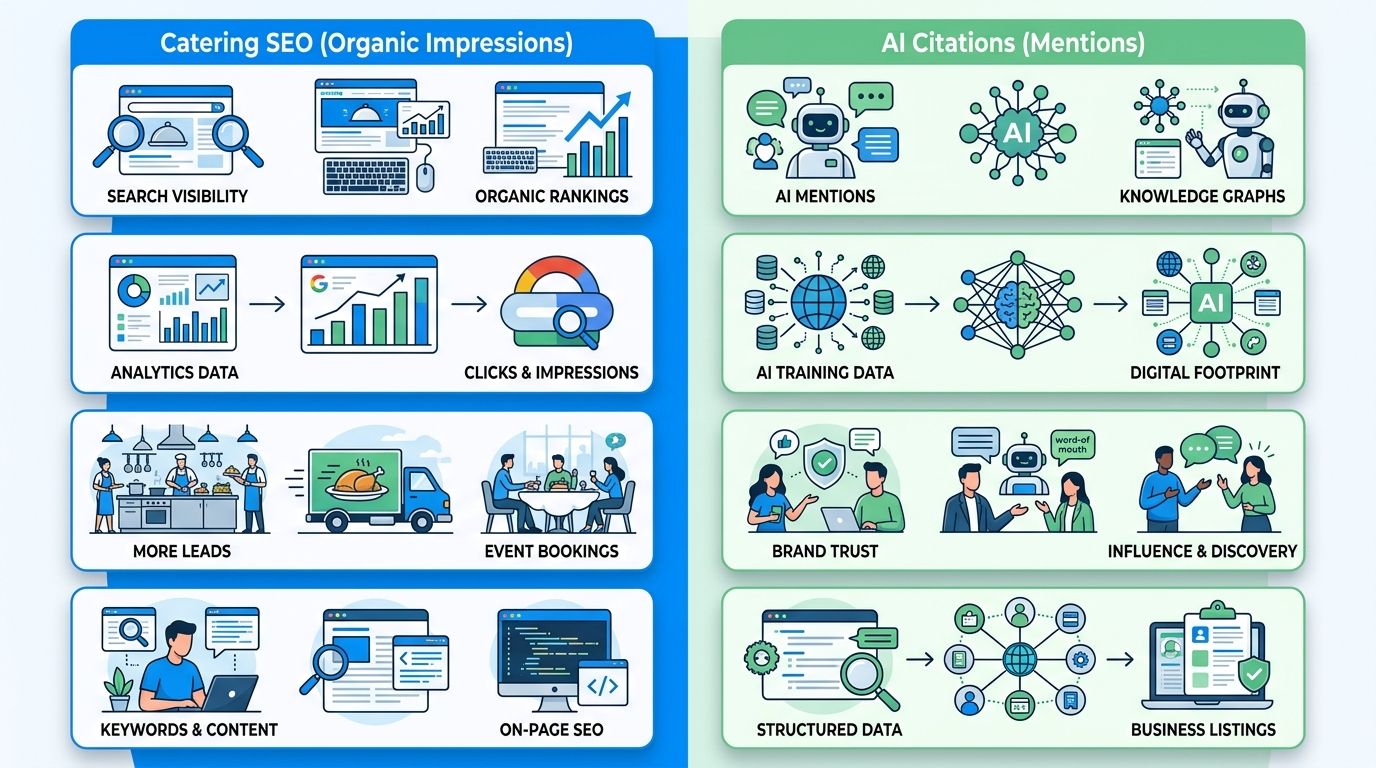Two-column comparison infographic differentiating organic impressions and AI citation mentions for caterers, using blue and green palette with four rows each.