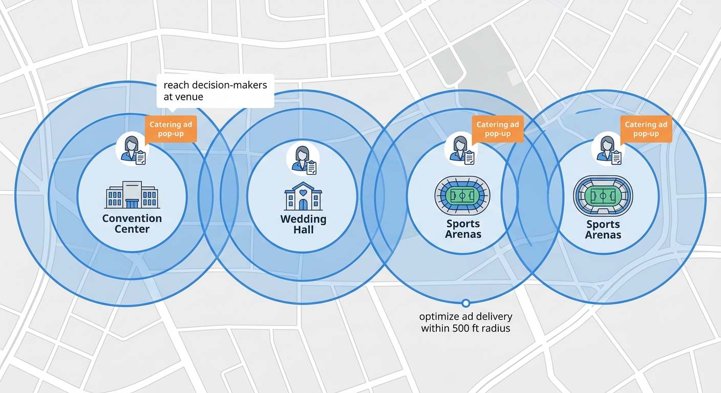 Infographic showing a stylized city map with concentric geo-fencing zones around venue icons, including event planner and catering ad pop-up icons, with labels about reaching decision-makers and optimizing ad delivery.