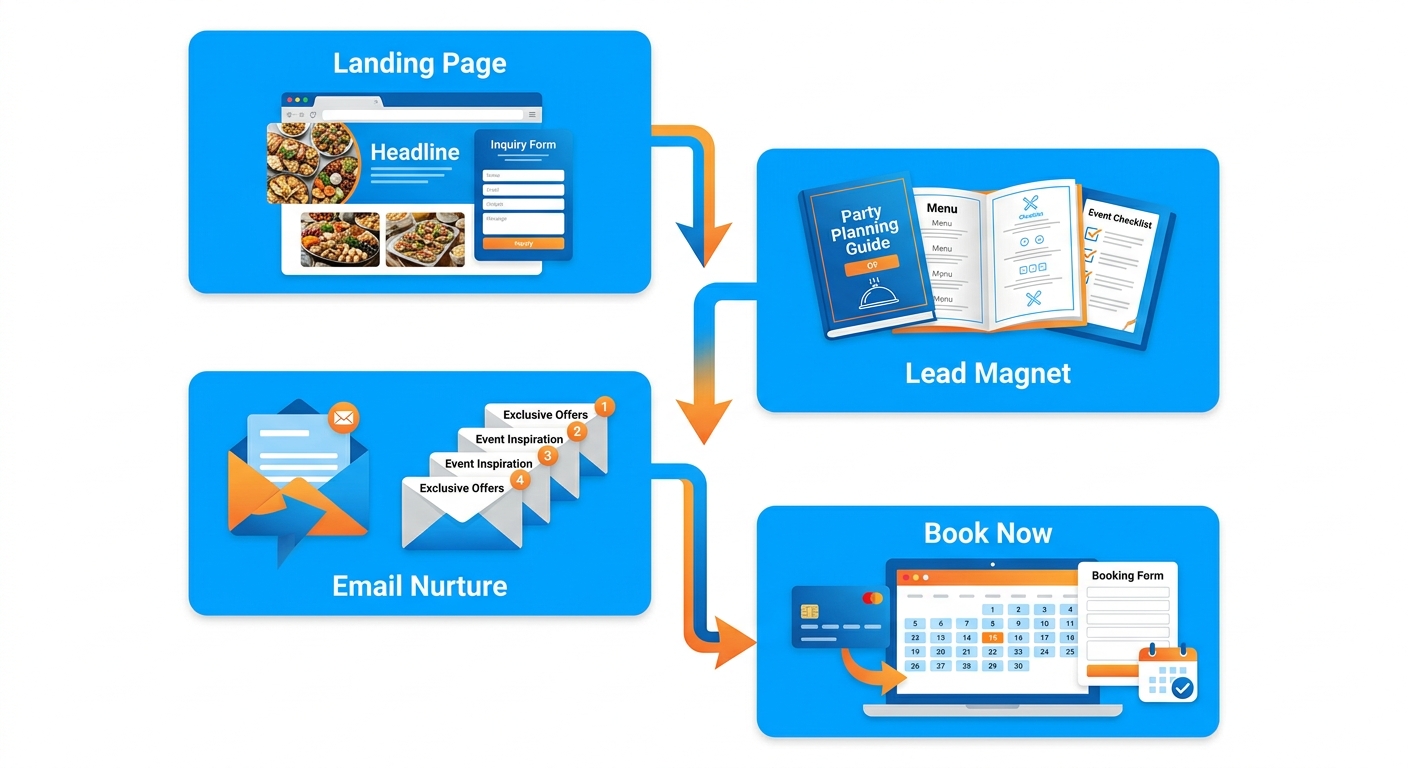 Four-stage catering sales funnel process flow diagram showing landing page, lead magnet, email nurture, and booking call-to-action stages with arrows connecting each stage