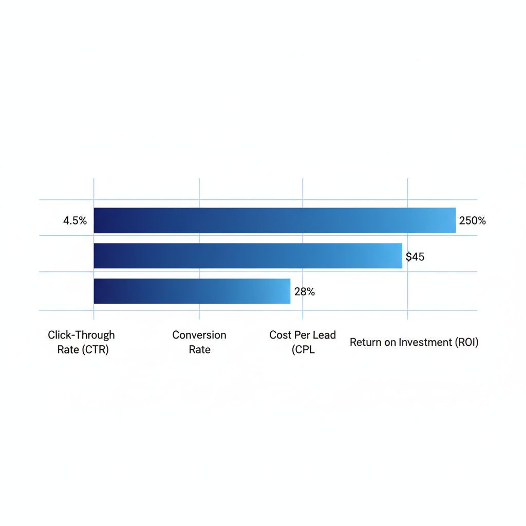 Horizontal bar chart displaying PPC metrics including CTR 4.5%, Conversion Rate 28%, CPL $45, and ROI 250% for catering campaigns.