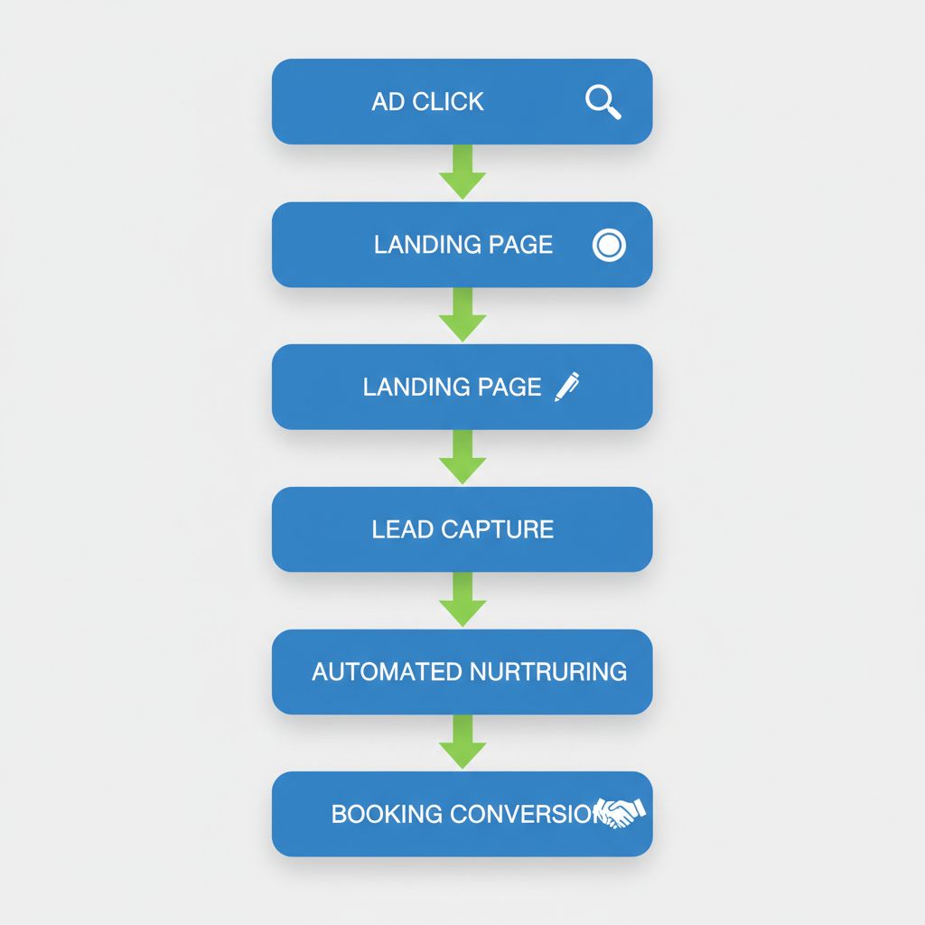 Vertical process flow diagram showing five stages of PPC integration for catering sales funnels: ad click, landing page, lead capture, nurturing, and booking.